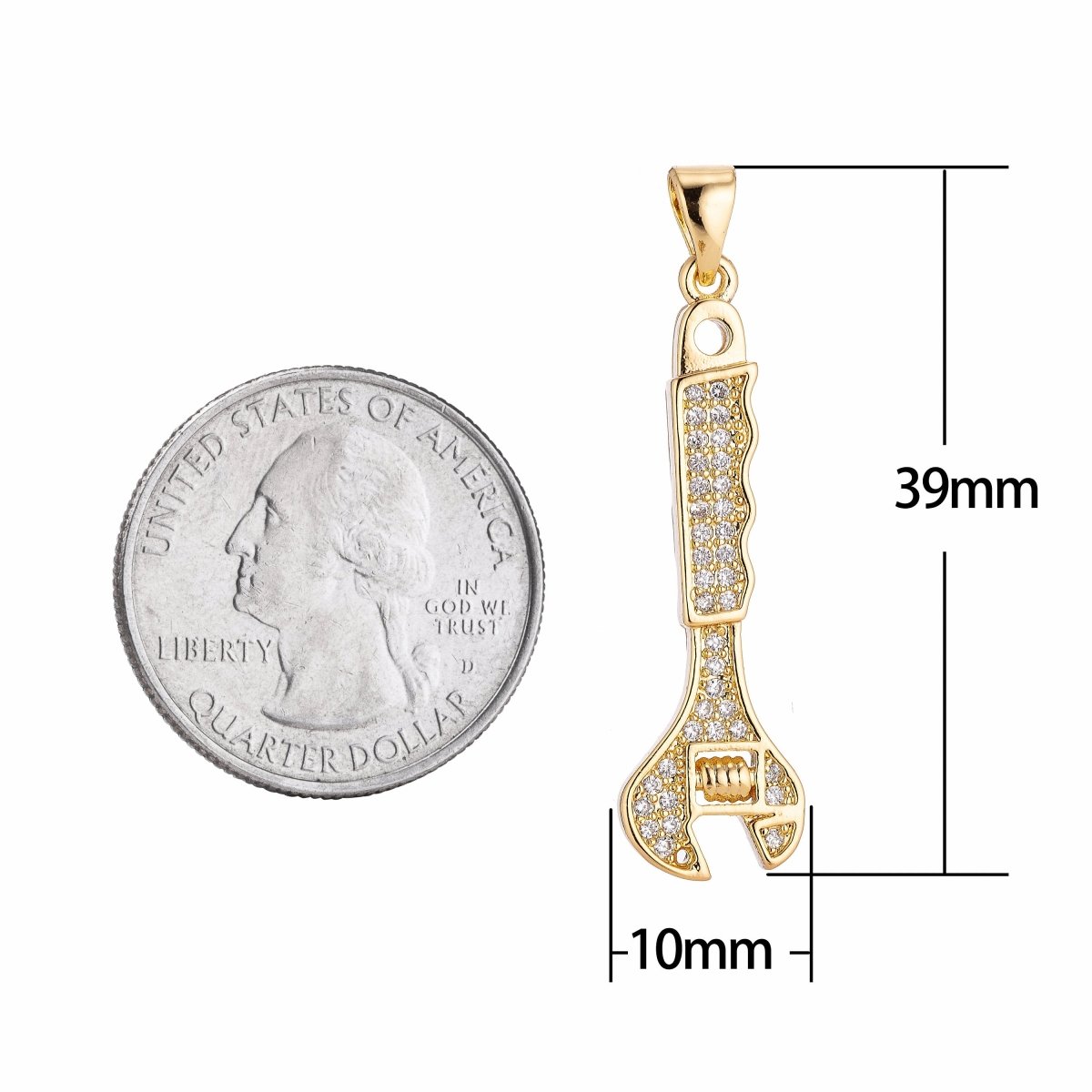 24K Gold Filled Wrenches Tools Pendant Charm with Cubic Zircon (CZ) Rhinestone for DIY Bails Findings for Jewelry Making Supplies H-194