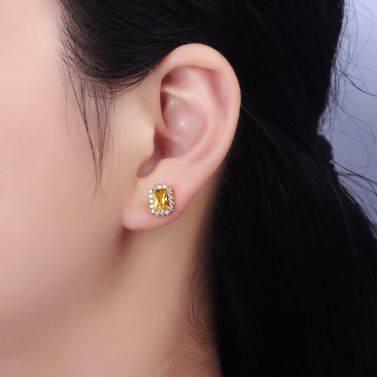 24K Gold Filled Yellow, Green, Pink, Purple, Red Baguette CZ Lined Stud Earrings | AE877 - AE881