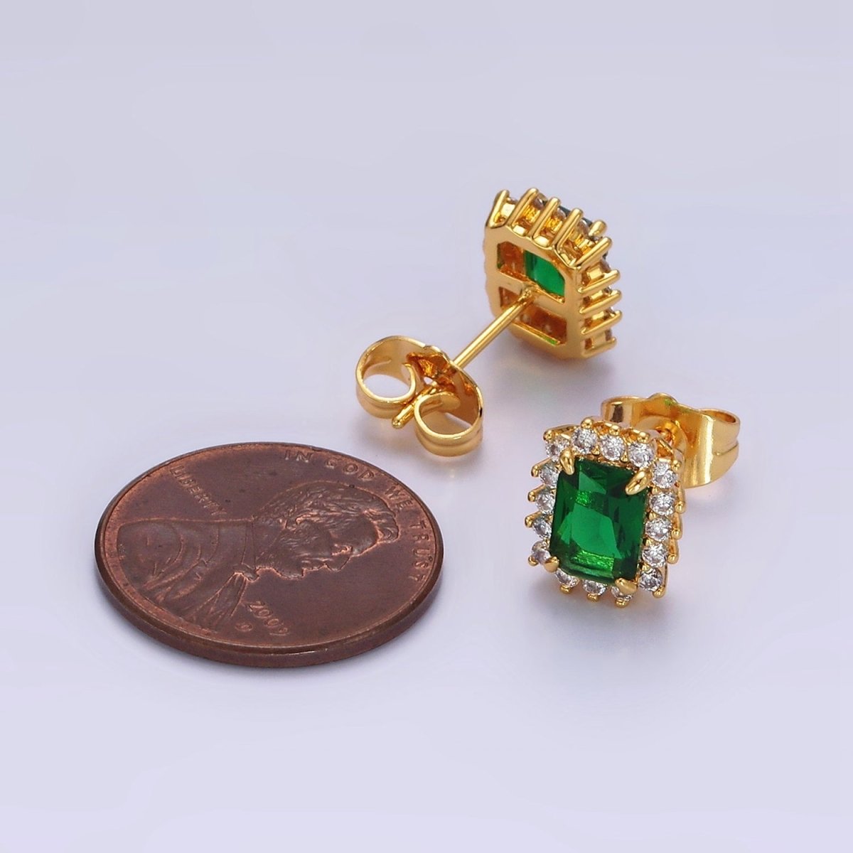 24K Gold Filled Yellow, Green, Pink, Purple, Red Baguette CZ Lined Stud Earrings | AE877 - AE881