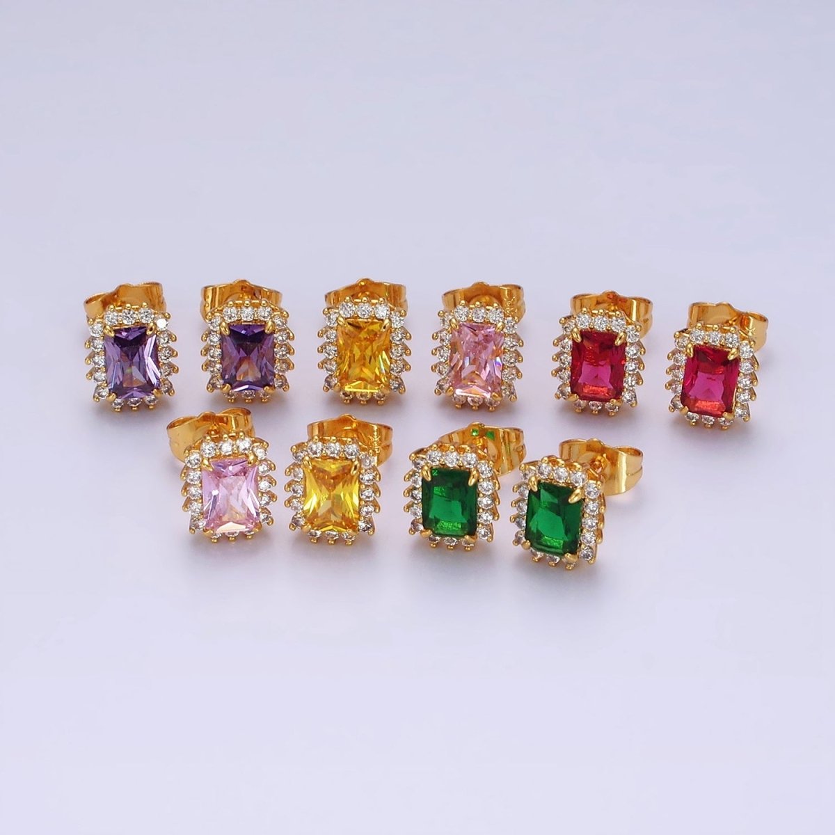 24K Gold Filled Yellow, Green, Pink, Purple, Red Baguette CZ Lined Stud Earrings | AE877 - AE881