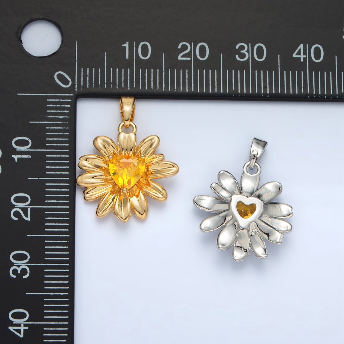 24K Gold Filled Yellow Heart CZ Sunflower Pendant in Gold & Silver | AA1390