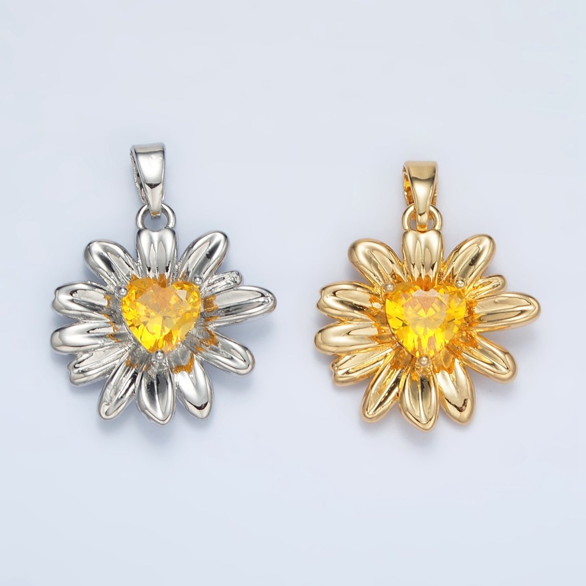 24K Gold Filled Yellow Heart CZ Sunflower Pendant in Gold & Silver | AA1390