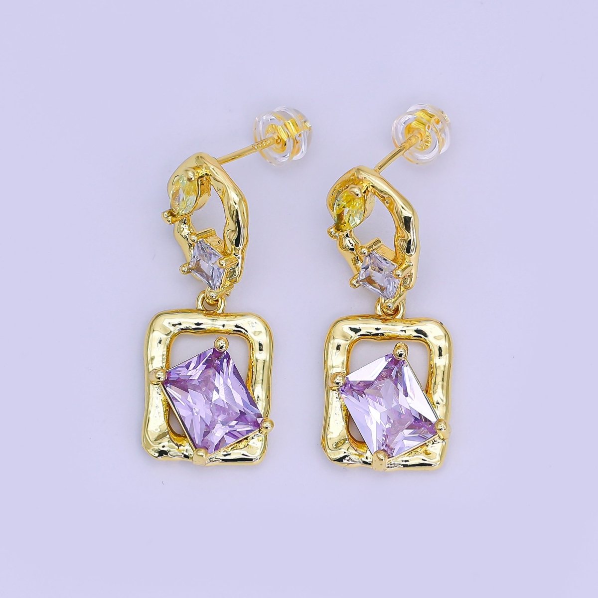 24K Gold Filled Yellow Purple Baguette Molten Geometric Drop Stud Earrings | AI441 - DLUXCA