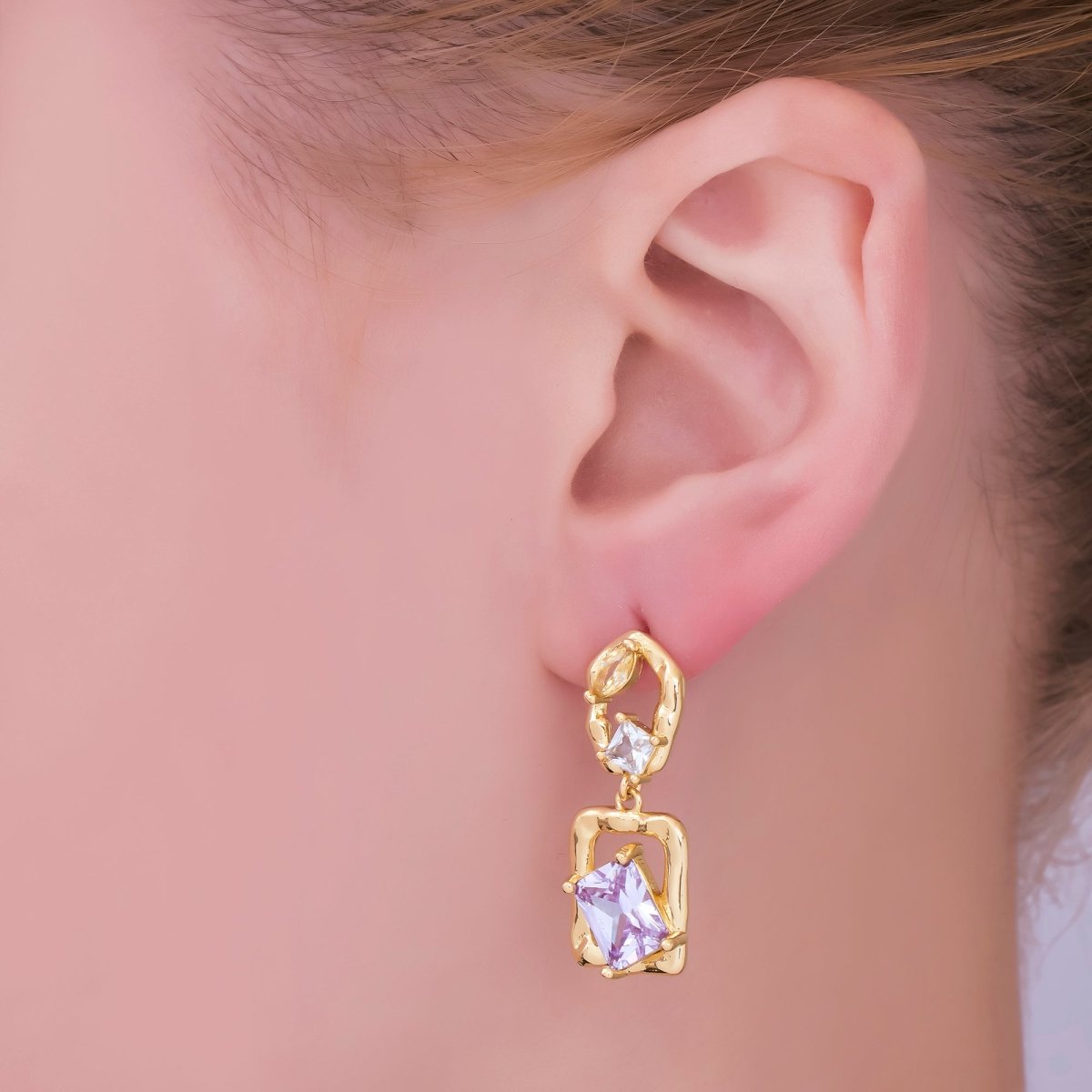 24K Gold Filled Yellow Purple Baguette Molten Geometric Drop Stud Earrings | AI441 - DLUXCA