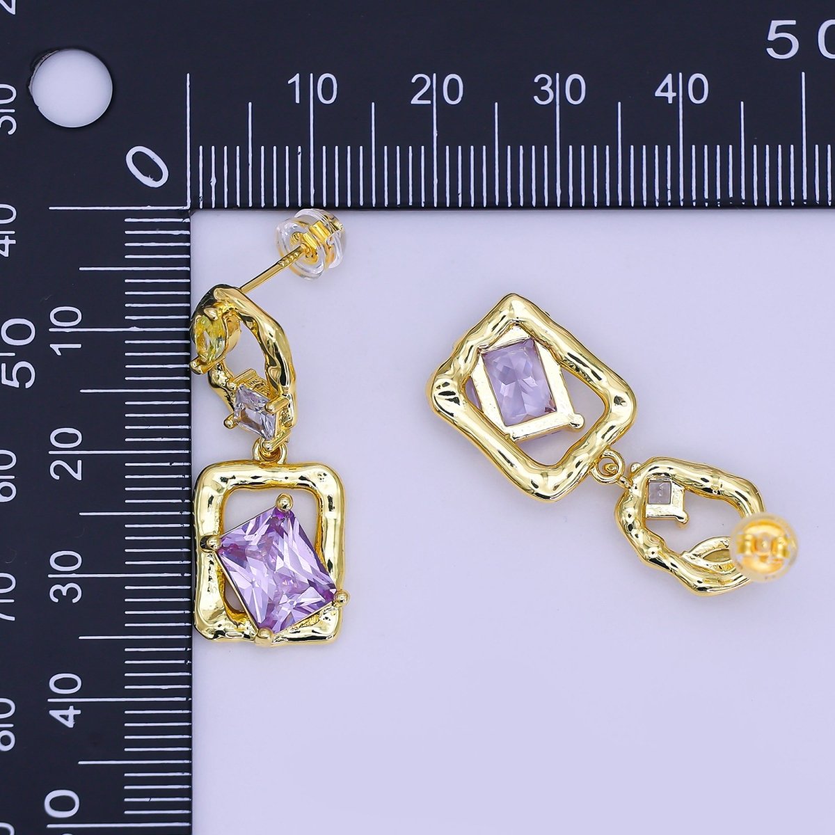 24K Gold Filled Yellow Purple Baguette Molten Geometric Drop Stud Earrings | AI441 - DLUXCA