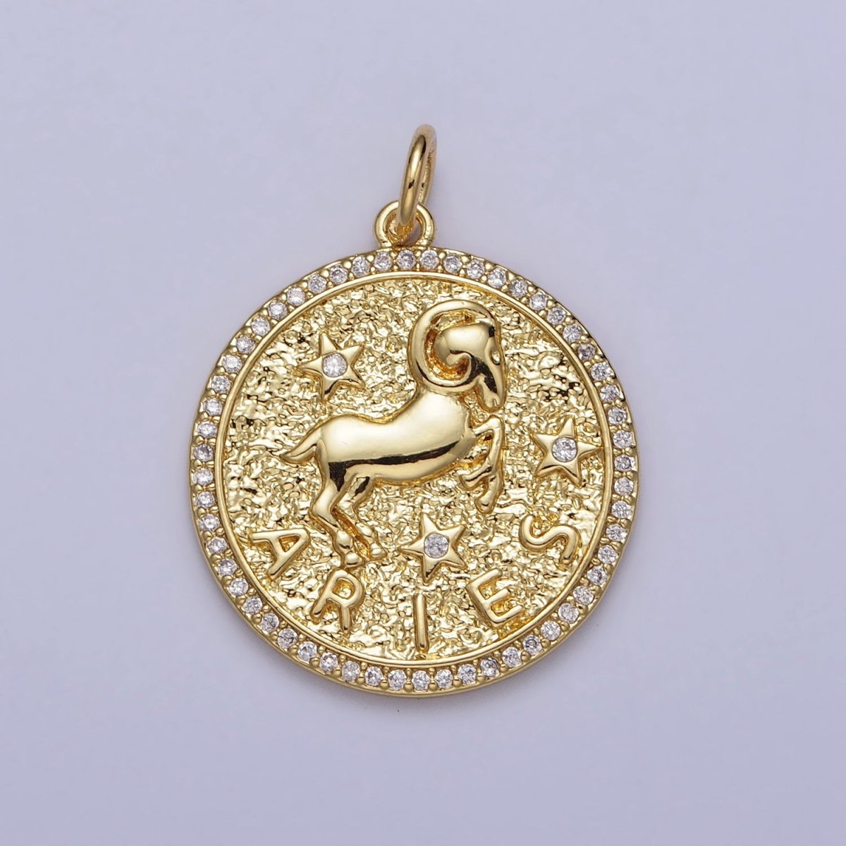24K Gold Filled Zodiac Birth Star Hammered Round Micro Paved CZ Charm | A-A1773-A-A1778