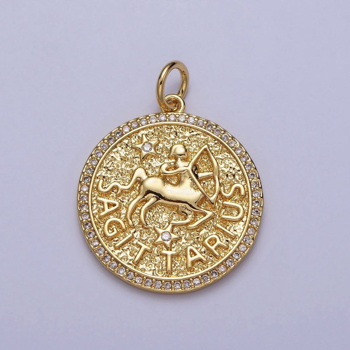 24K Gold Filled Zodiac Birth Star Hammered Round Micro Paved CZ Charm | A-A1773-A-A1778