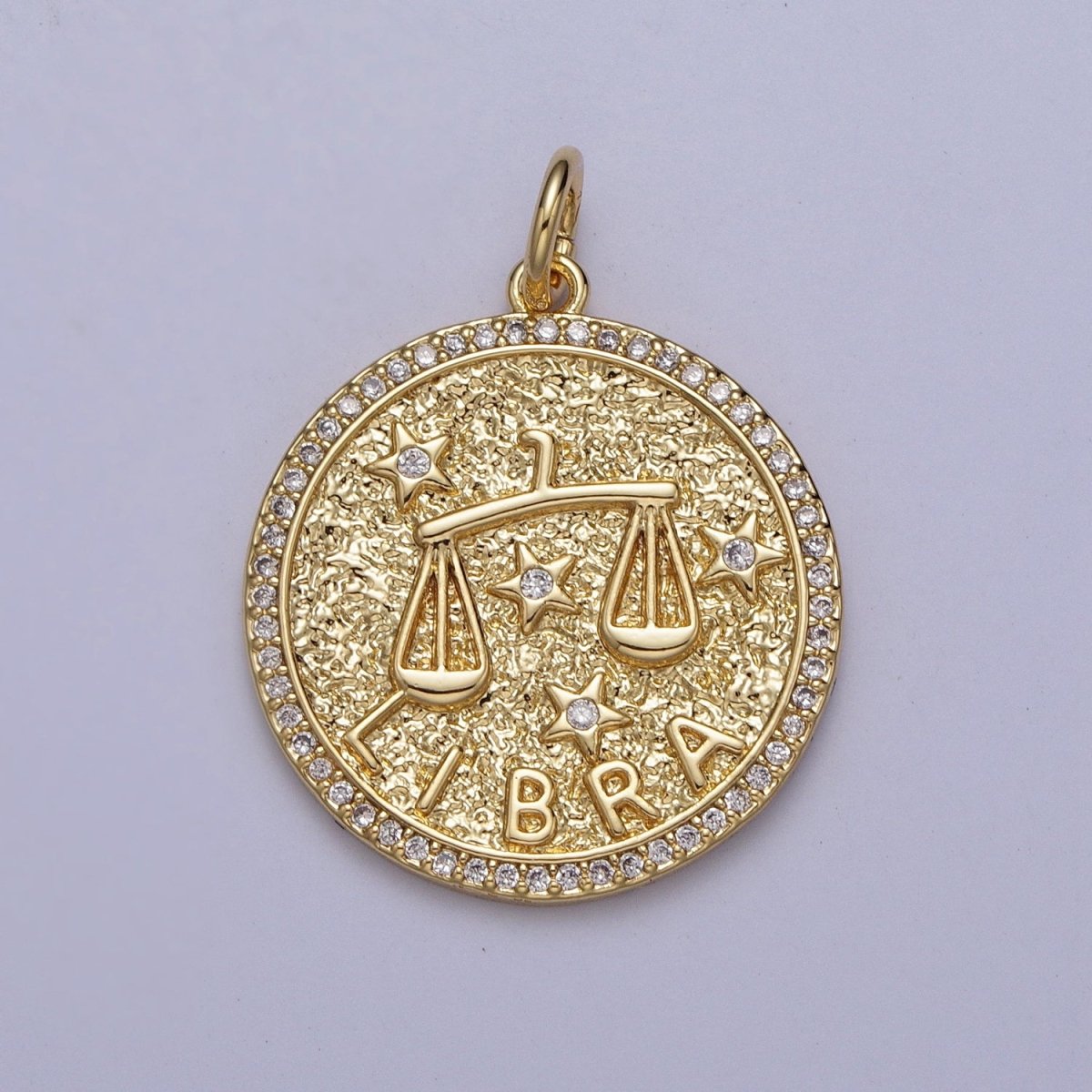 24K Gold Filled Zodiac Birth Star Hammered Round Micro Paved CZ Charm | A-A1773-A-A1778
