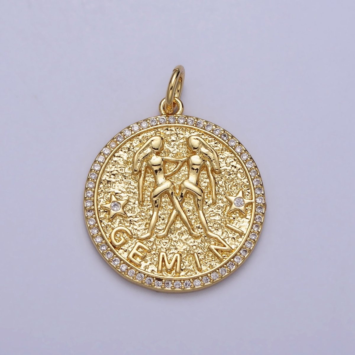 24K Gold Filled Zodiac Birth Star Hammered Round Micro Paved CZ Charm | A-A1773-A-A1778