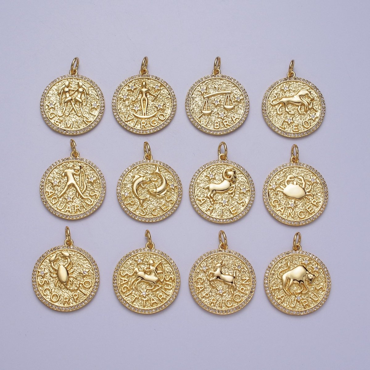 24K Gold Filled Zodiac Birth Star Hammered Round Micro Paved CZ Charm | A-A1773-A-A1778