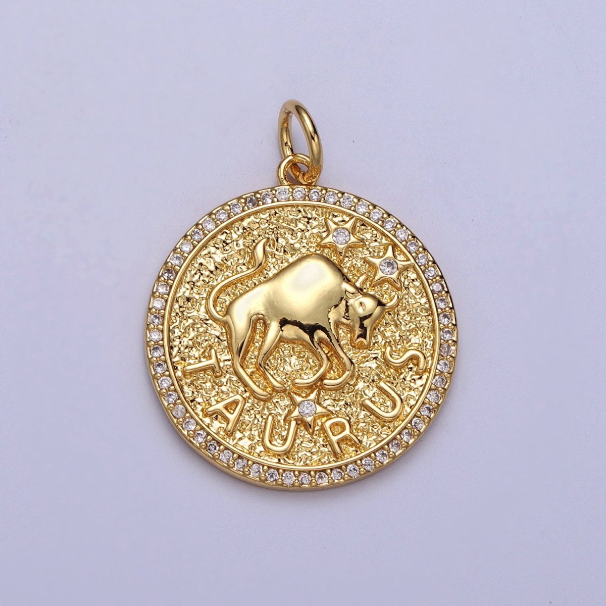 24K Gold Filled Zodiac Birth Star Hammered Round Micro Paved CZ Charm | A-A1773-A-A1778