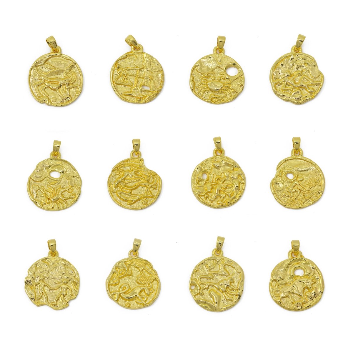 24K Gold Filled Zodiac Horoscope Sign Constellation Medallion Pendant Charm Rustic Rough Hammered Coin | A-A-1794-A-A1796