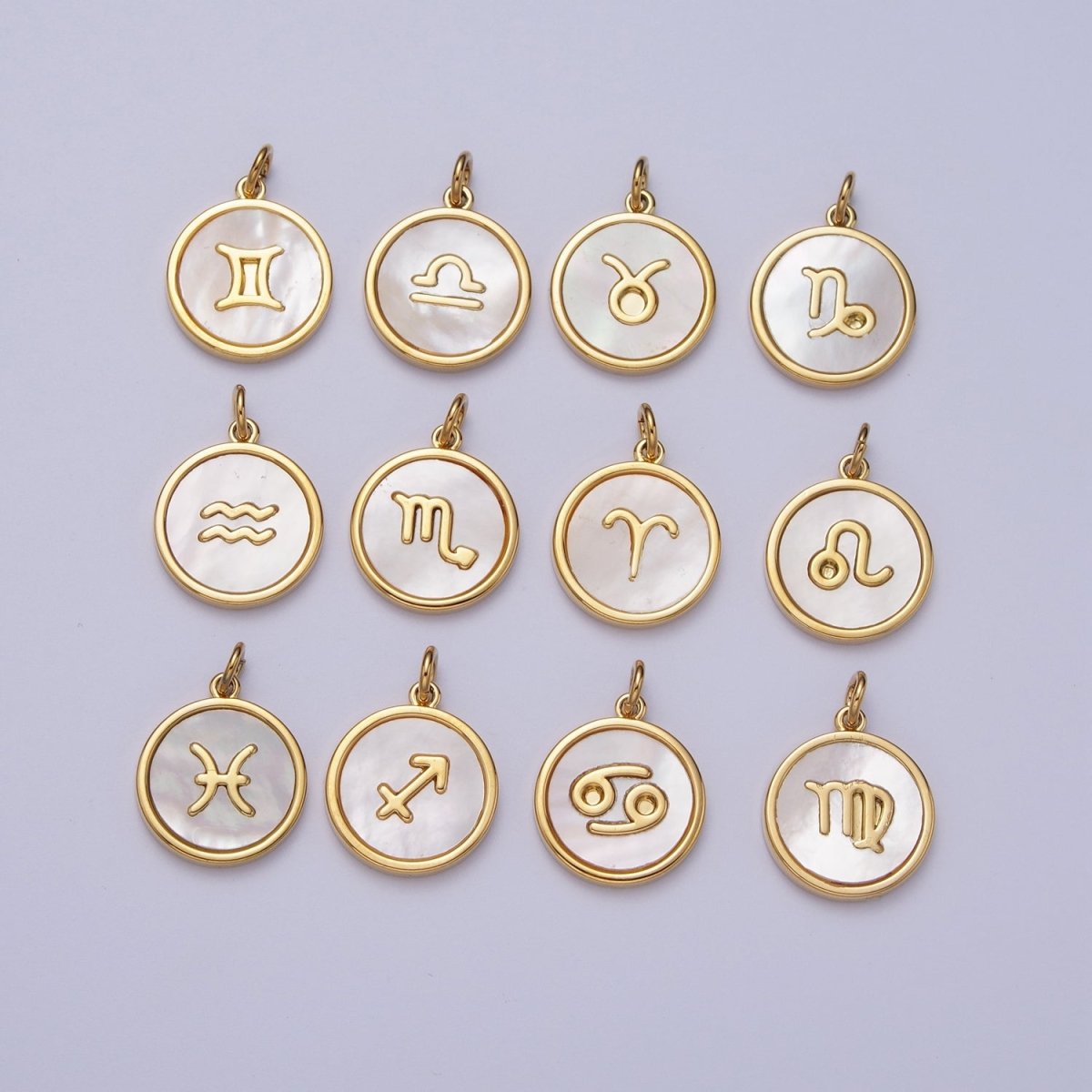24K Gold Filled Zodiac Signs Shell Pearl Round Coin Charm Astrology Jewelry Making | A-A1367-A-A1372