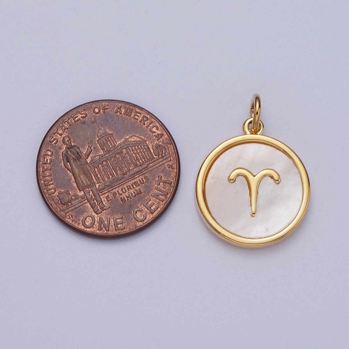 24K Gold Filled Zodiac Signs Shell Pearl Round Coin Charm Astrology Jewelry Making | A-A1367-A-A1372