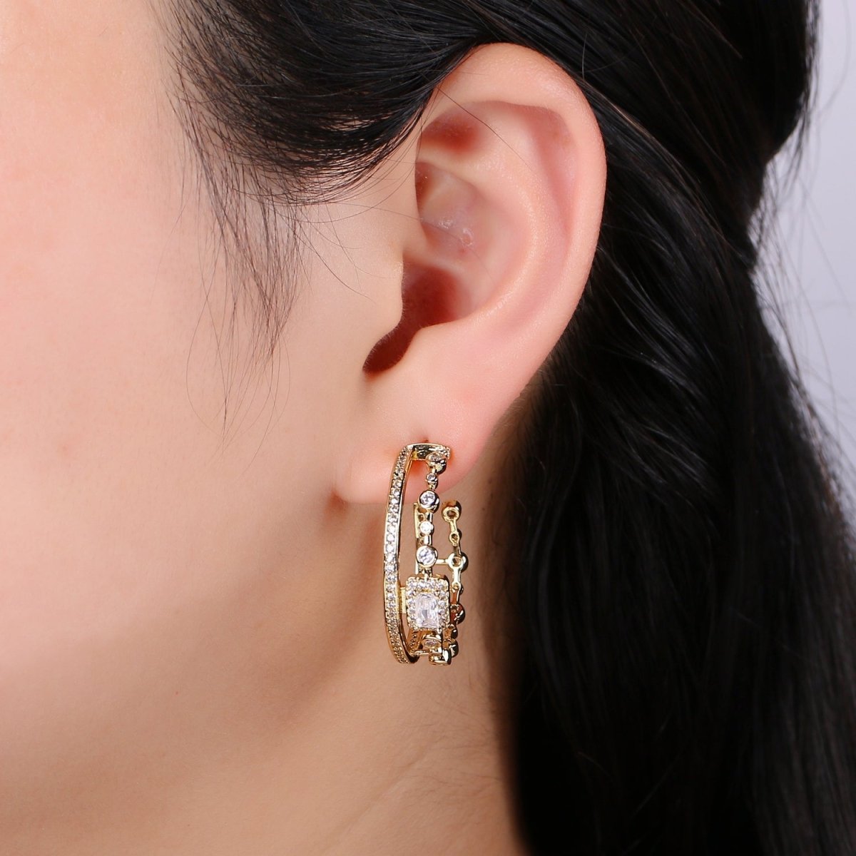 24K Gold Hoop Earring - Mismatched Hoop Earring - Geometric Cz hoop earring for women - Large Hoop 30MM Earring gift idea P-057 - DLUXCA