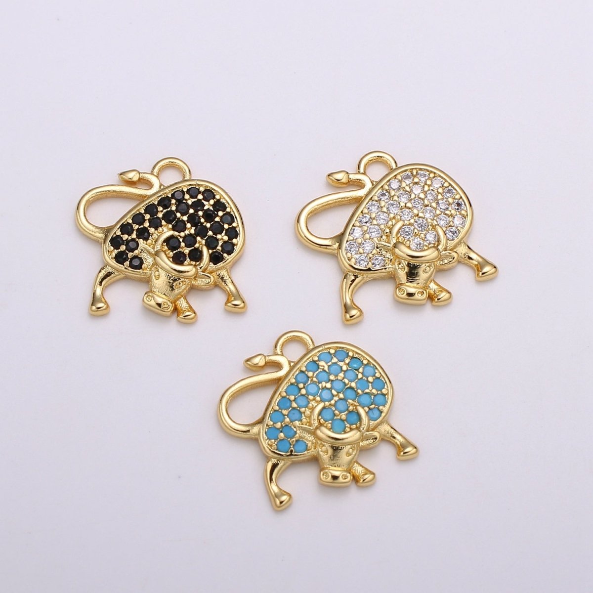 24k Gold Micro Pave Black, Clear, Teal Ox Charm, Cubic Zirconia Bull Pendant Charm,Gold Cow CharmFor DIY Jewelry E-154 E-155 E-156