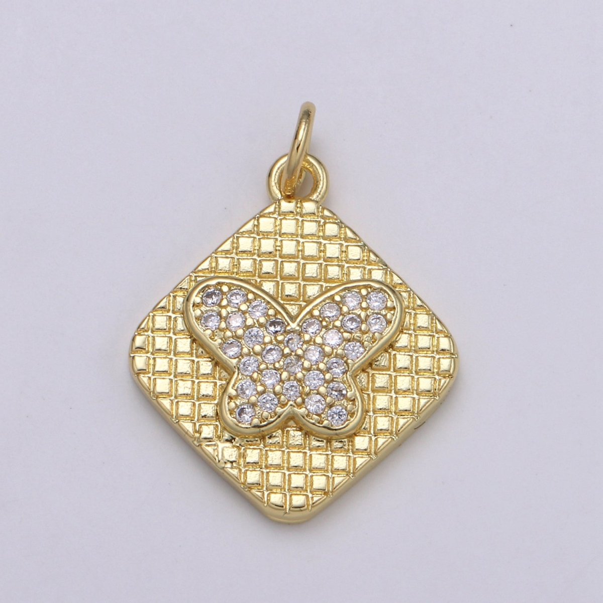 24K Gold Micro Pave Butterfly Charm Cubic Zirconia Mariposa Pendant Charm Square Plate CZ Moth Charm E-148 - DLUXCA