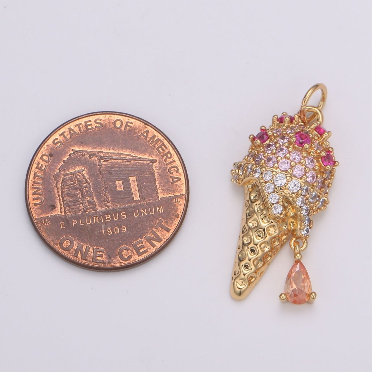 24K Gold Micro Pave CZ Ice Cream Pendant Charm, Dangling Pear cut CZ Pendant Charm, Cubic Cone Charm, For DIY Jewelry Making,E-203