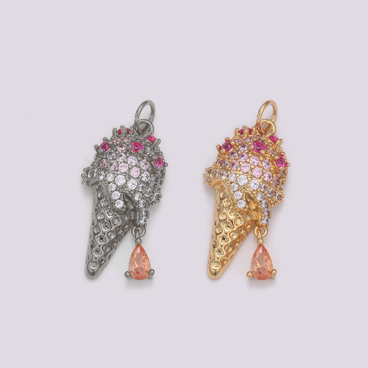 24K Gold Micro Pave CZ Ice Cream Pendant Charm, Dangling Pear cut CZ Pendant Charm, Cubic Cone Charm, For DIY Jewelry Making,E-203
