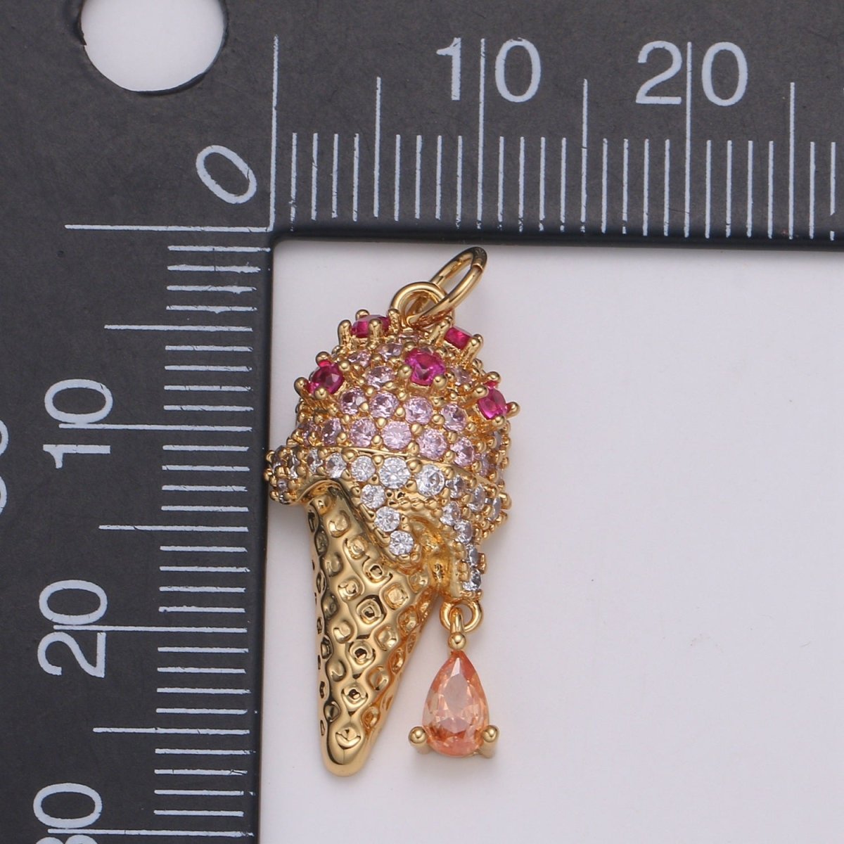 24K Gold Micro Pave CZ Ice Cream Pendant Charm, Dangling Pear cut CZ Pendant Charm, Cubic Cone Charm, For DIY Jewelry Making,E-203
