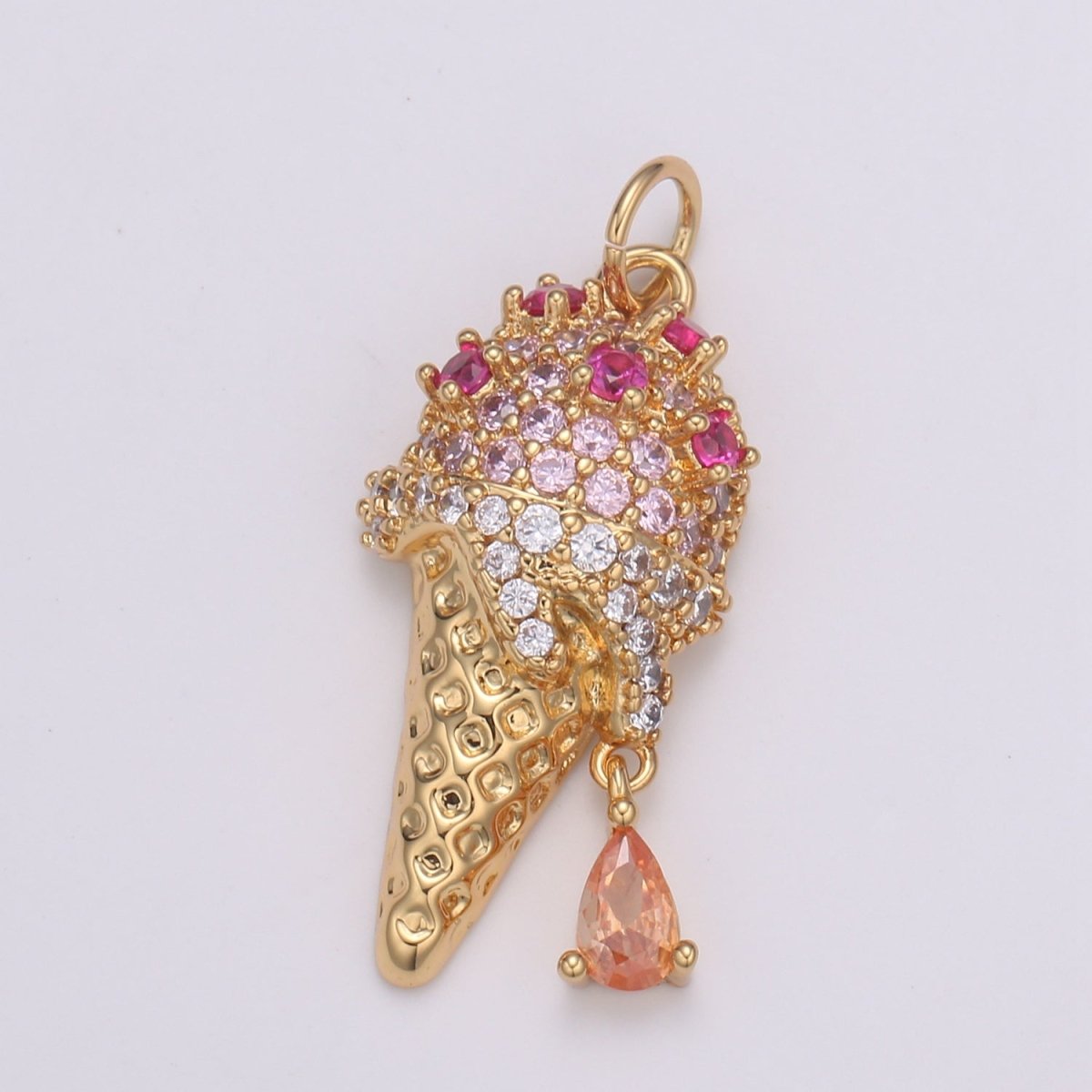 24K Gold Micro Pave CZ Ice Cream Pendant Charm, Dangling Pear cut CZ Pendant Charm, Cubic Cone Charm, For DIY Jewelry Making,E-203