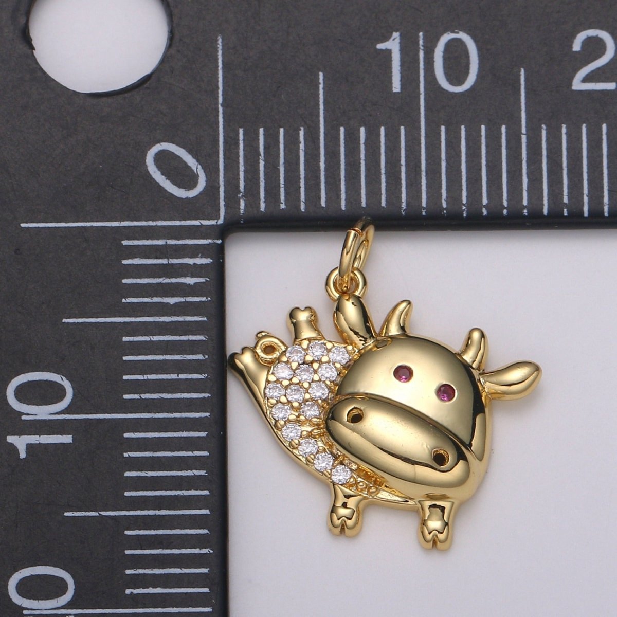 24k Gold Micro Pave Ox Charm, Red Eye Cubic Zirconia Bull Pendant Charm, Gold Cow CharmFor DIY Jewelry E-195