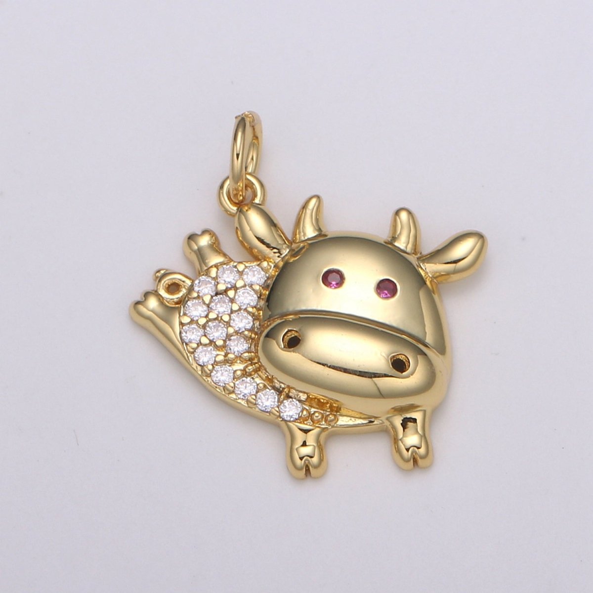 24k Gold Micro Pave Ox Charm, Red Eye Cubic Zirconia Bull Pendant Charm, Gold Cow CharmFor DIY Jewelry E-195
