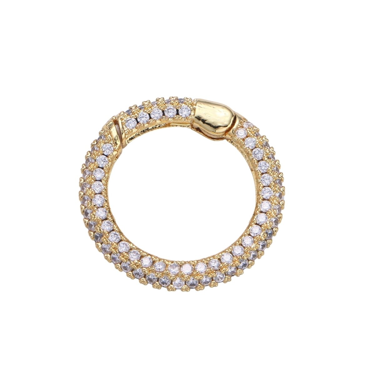 24K Gold-Plated Circle Carabiner, Pave Cubic Zirconia Rhinestones, Hinged Clip Clasp L-185 - DLUXCA