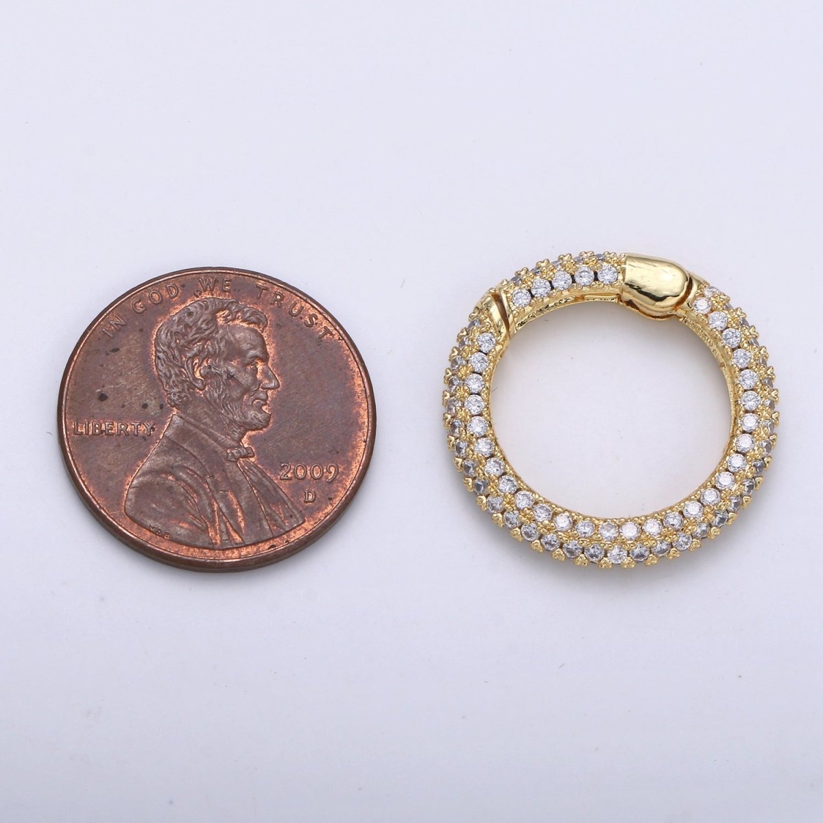 24K Gold-Plated Circle Carabiner, Pave Cubic Zirconia Rhinestones, Hinged Clip Clasp L-185 - DLUXCA