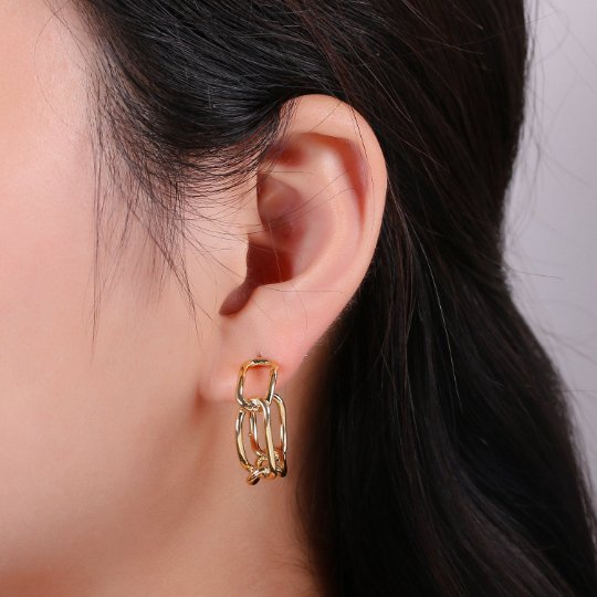 24k Gold Plated Earrings, Hoop Earrings, Long Chain Link Earring, Stud Earring, Gift for Her, Earrings for Women, Everyday Wear Earring Q-528 - DLUXCA