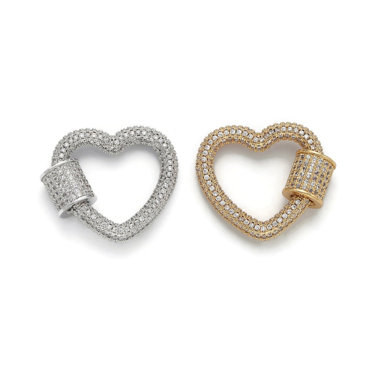 24K Gold-Plated Heart Carabiner, Full Pave Cubic Zirconia Rhinestones, Circle Screw Clasp, Gold and Silver K-126