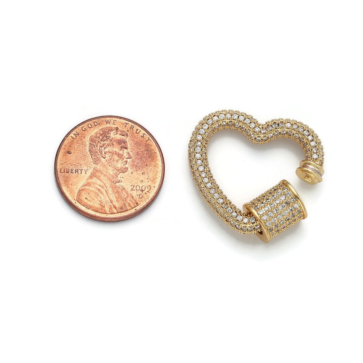 24K Gold-Plated Heart Carabiner, Full Pave Cubic Zirconia Rhinestones, Circle Screw Clasp, Gold and Silver K-126
