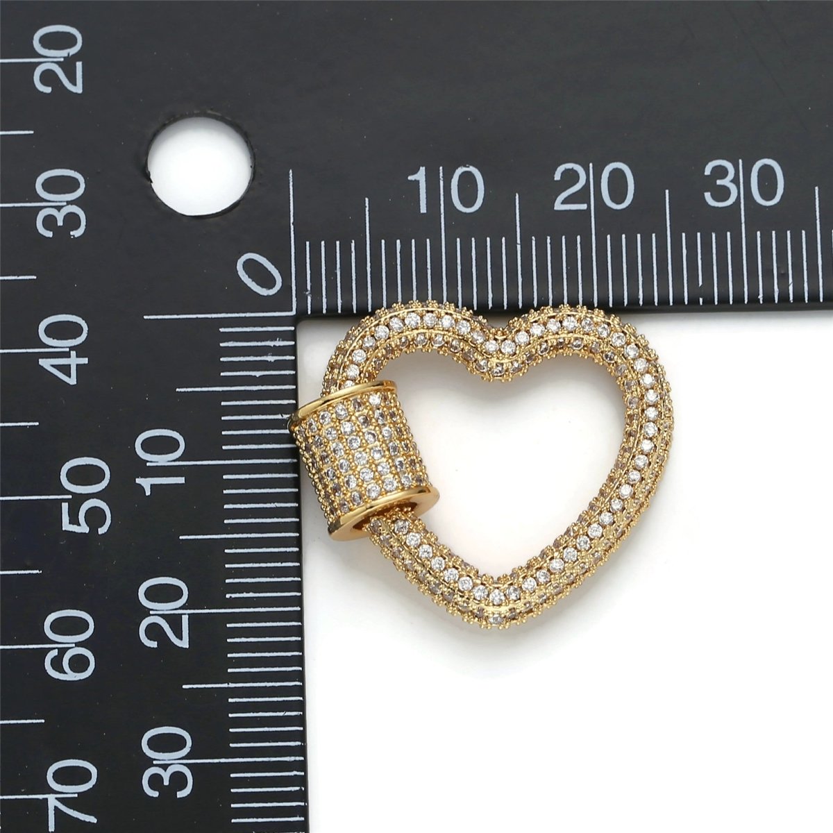 24K Gold-Plated Heart Carabiner, Full Pave Cubic Zirconia Rhinestones, Circle Screw Clasp, Gold and Silver K-126