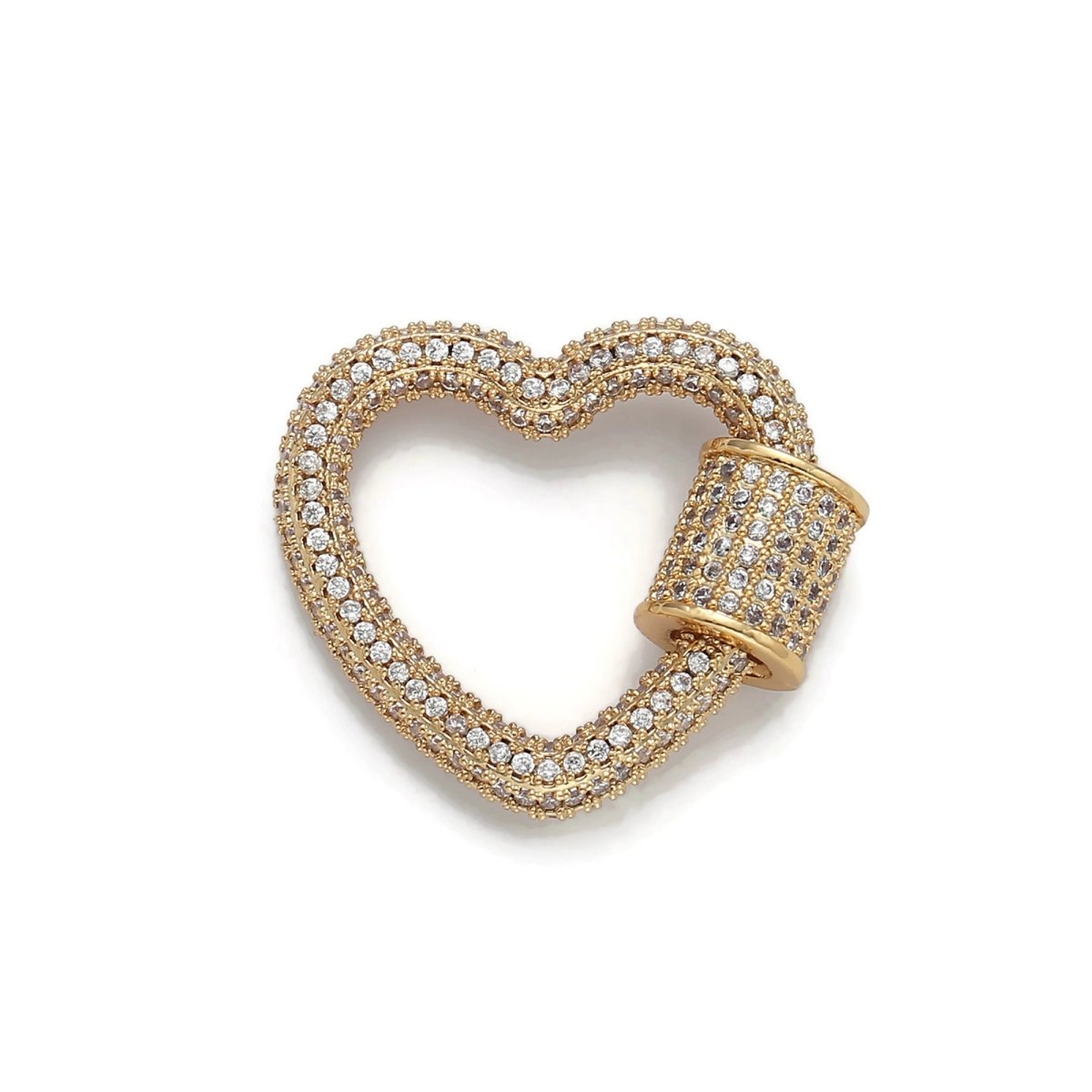 24K Gold-Plated Heart Carabiner, Full Pave Cubic Zirconia Rhinestones, Circle Screw Clasp, Gold and Silver K-126