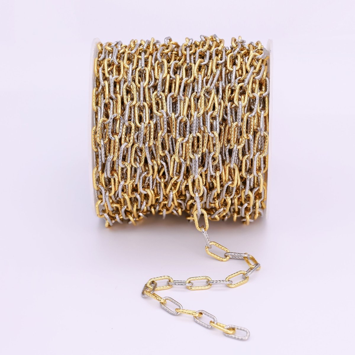 24K Gold Plated Line - Textured Mixed Metal Paperclip Unfinished Chain by Yard | Roll - 1529 - DLUXCA