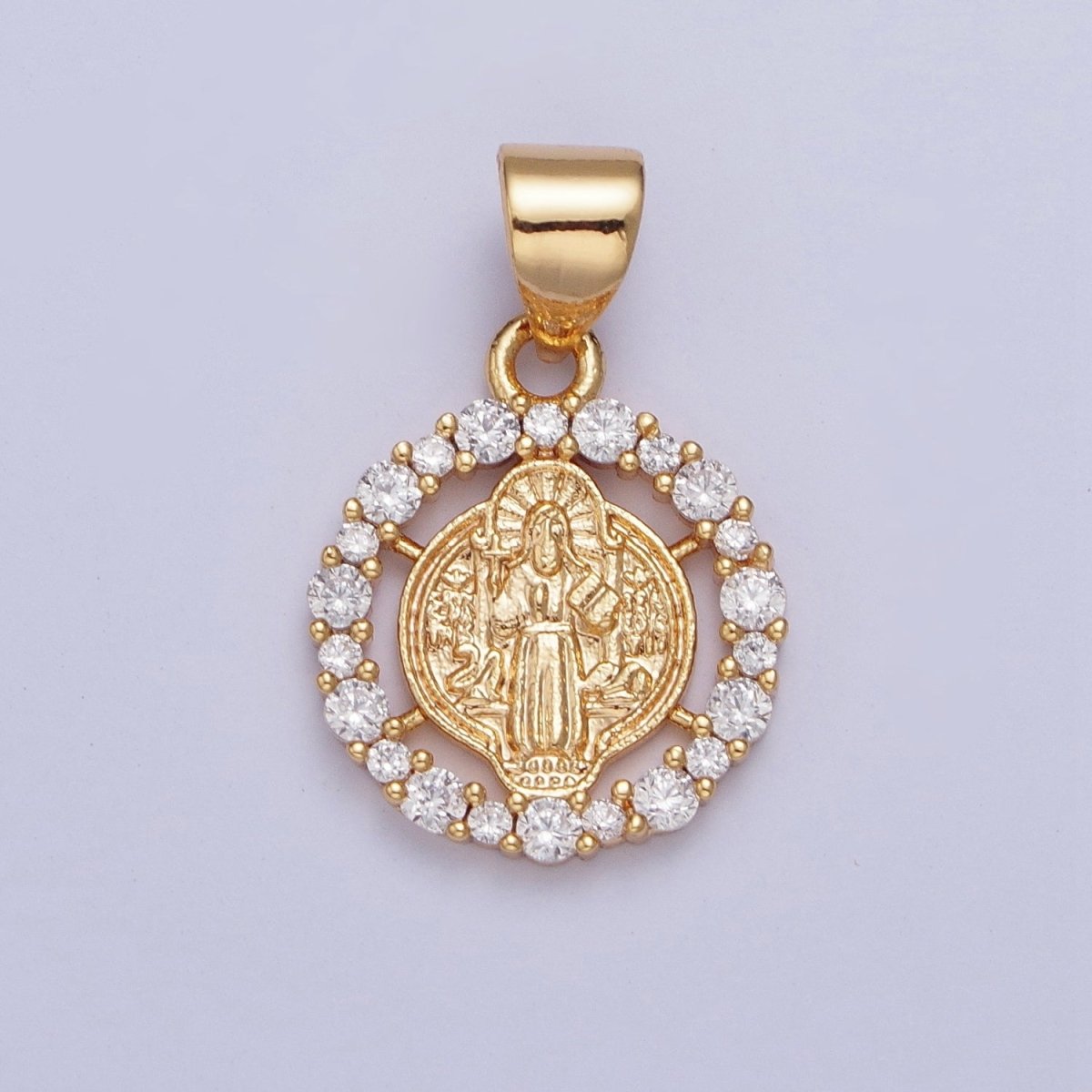 24K Gold Plated St Benedict Medallion, Micro Pave Clear Cubic Zirconia CZ Religious Saint Open Round Charm X-447 - DLUXCA