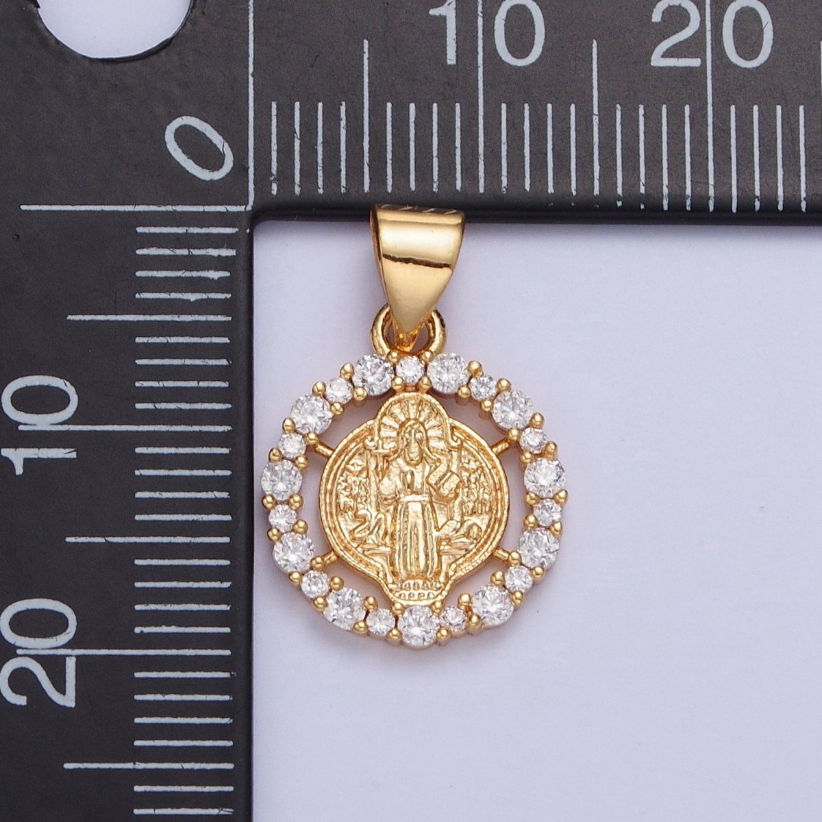 24K Gold Plated St Benedict Medallion, Micro Pave Clear Cubic Zirconia CZ Religious Saint Open Round Charm X-447 - DLUXCA