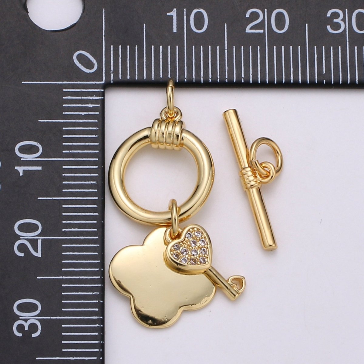 24K Gold Toggle Clasp with Love Key CZ Crystal and Shamrock Clover Toggle Clasp  L-069 L-070