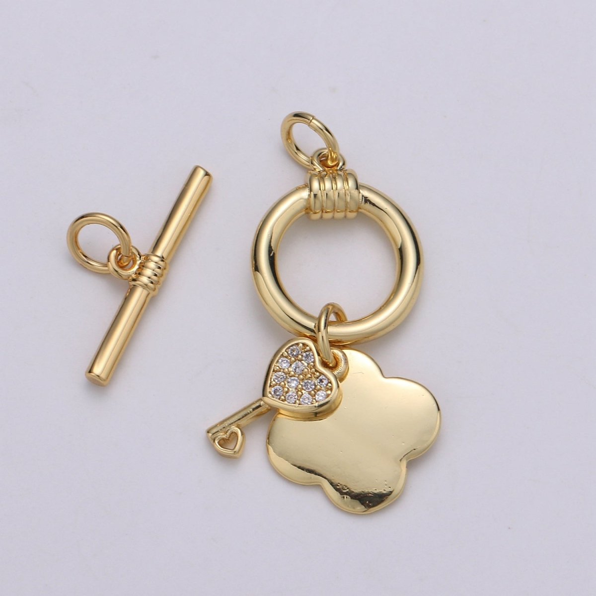 24K Gold Toggle Clasp with Love Key CZ Crystal and Shamrock Clover Toggle Clasp  L-069 L-070