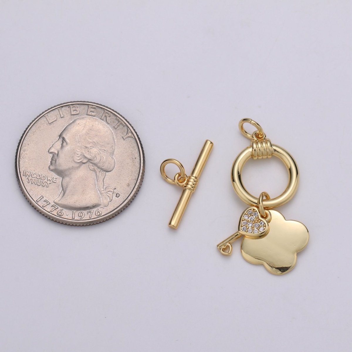 24K Gold Toggle Clasp with Love Key CZ Crystal and Shamrock Clover Toggle Clasp  L-069 L-070