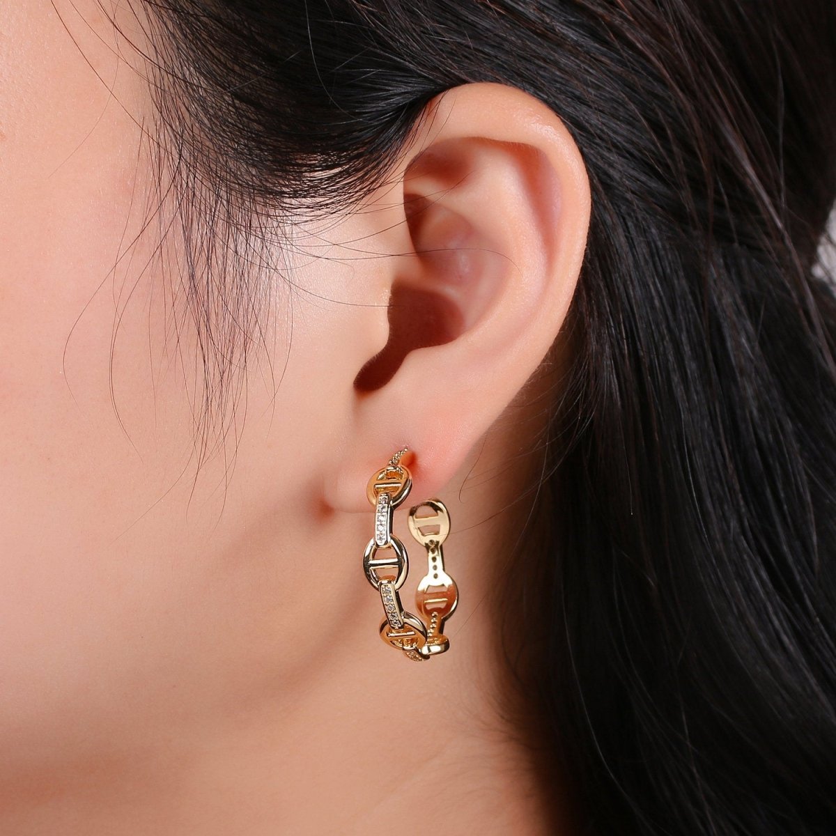 24K Gold Vermeil Mariner's Link Chain Earrings Gold Hoops Earring with CZ Cubic Zirconia Q-119 - DLUXCA
