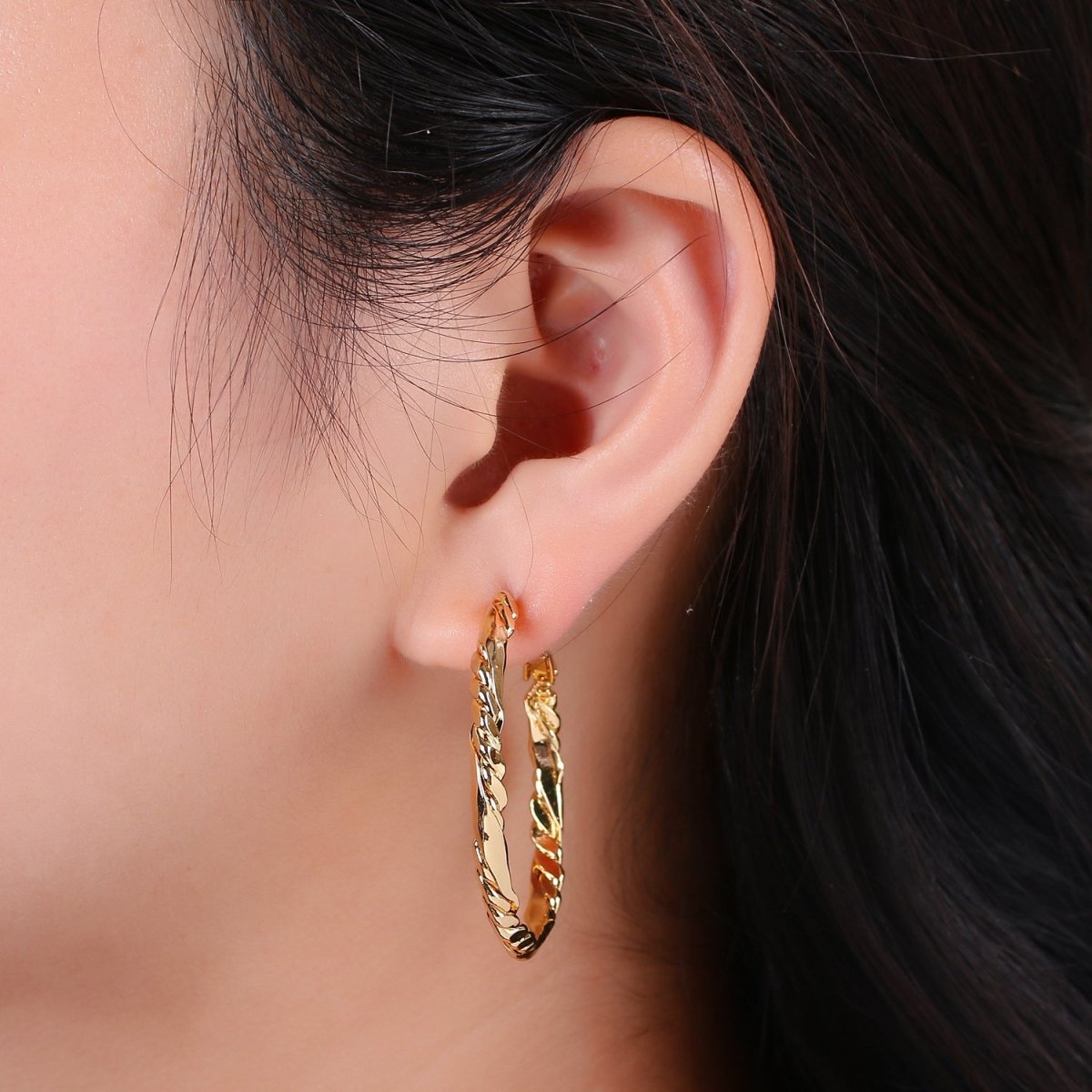 24k Vermeil Gold Earrings, Hoop Earrings, Medium Hoop, Half Twisted Rope Earring, Gift for Her, Earrings for Women, Everyday Wear Earring Q-527 - DLUXCA
