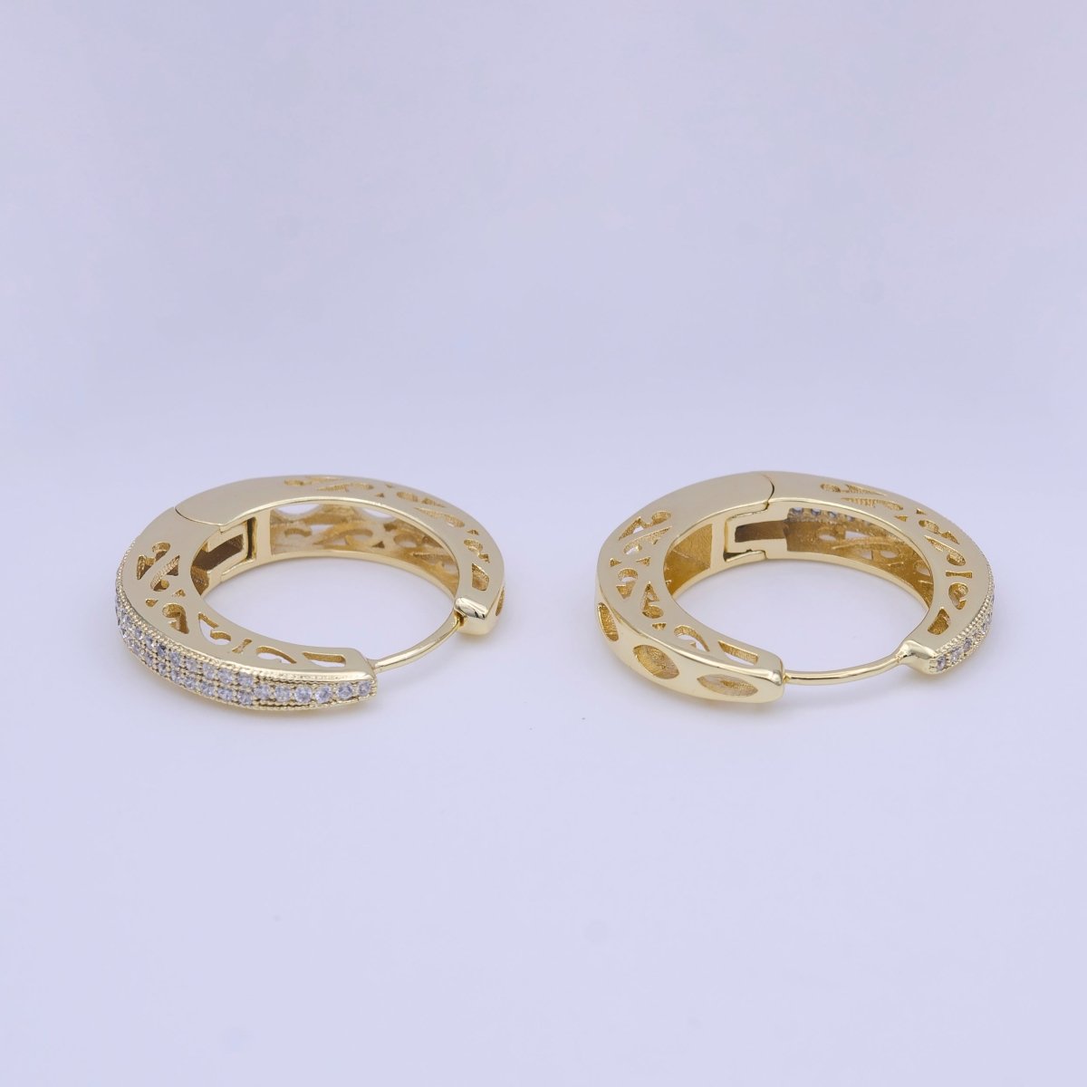 25mm Gold Micro Paved CZ Filigree Sided Gold Huggie Hoop Earrings | Y-213 - DLUXCA