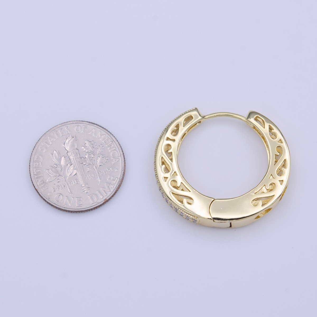 25mm Gold Micro Paved CZ Filigree Sided Gold Huggie Hoop Earrings | Y-213 - DLUXCA