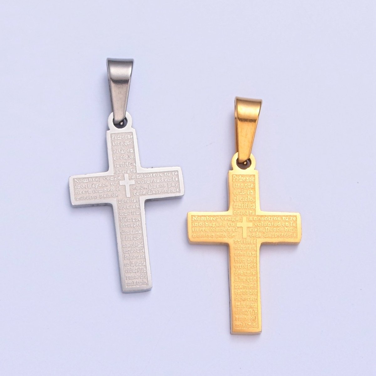 26X12.3mm Minimalist Gold & Silver Religious Cross, Stainless Steel Cross with Lords Player (in Spanish) I-830