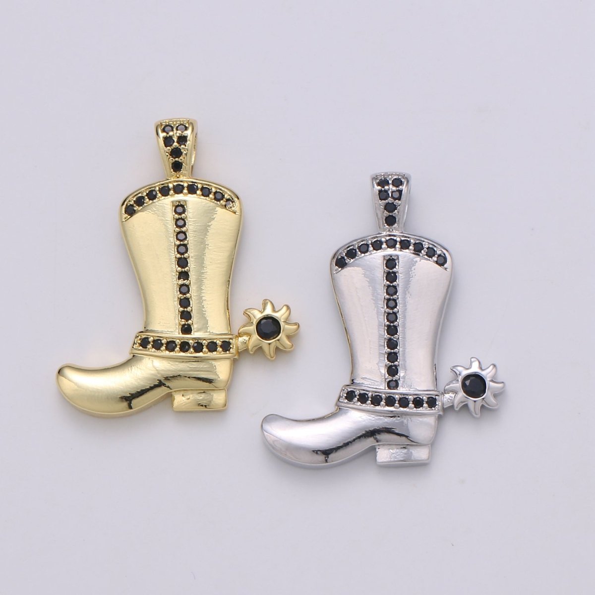28x23mm Wholesale Gold-Filled Gold or Silver Cowboy Boot Pendant Charm with Black Rhinestones, Pendant for Necklace Bracelet Anklet Making J-154 J-155