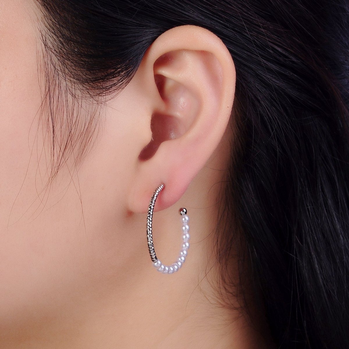 29.5mm Pearl Half Textured C-Shaped Hoop Earrings in Gold & Silver | AB140 AB141