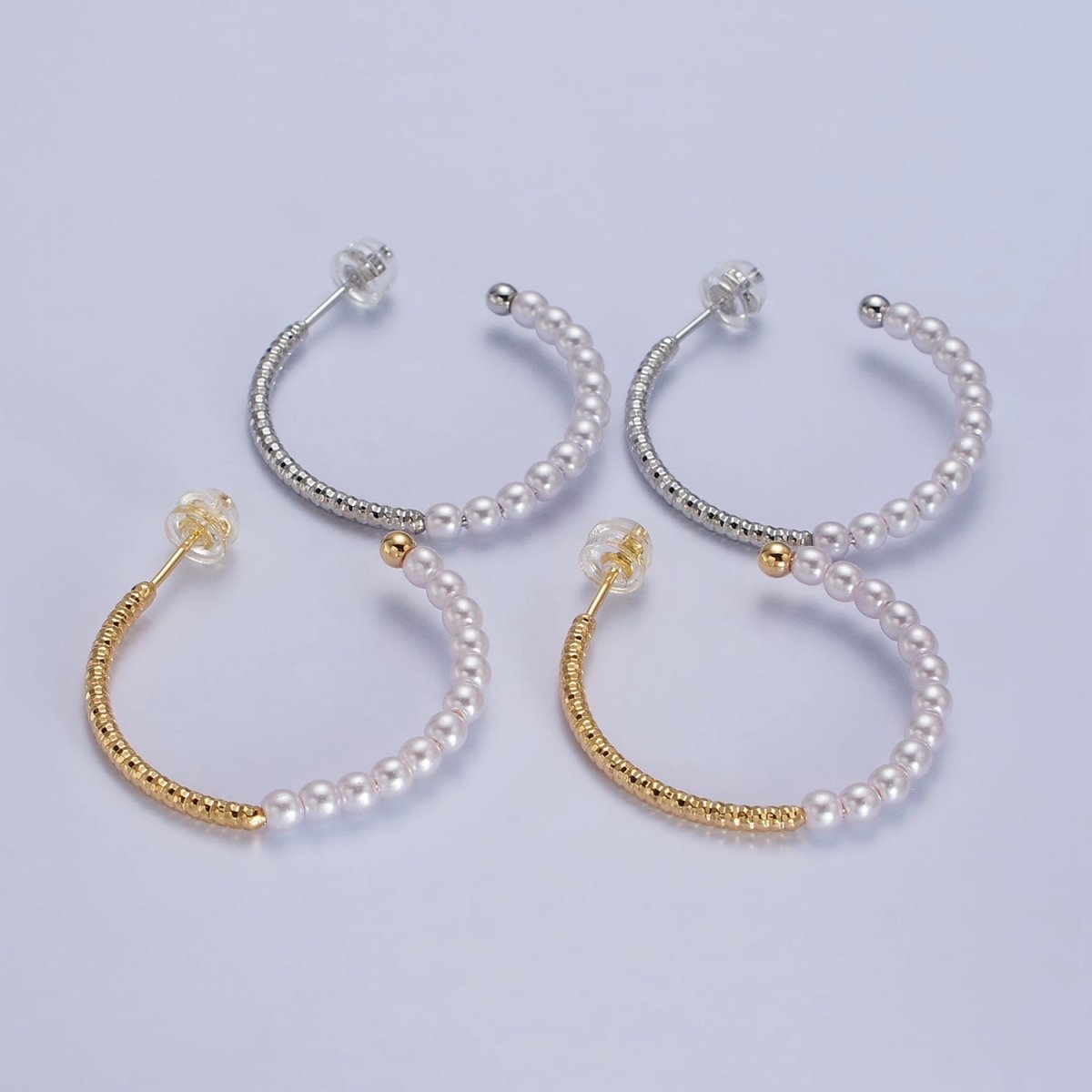 29.5mm Pearl Half Textured C-Shaped Hoop Earrings in Gold & Silver | AB140 AB141