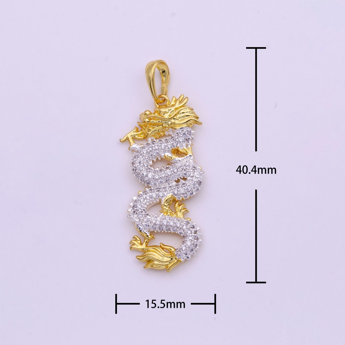 2tone Color Gold Silver Micro Paved CZ Chinese Dragon Mixed Metal Pendant I-619 - DLUXCA