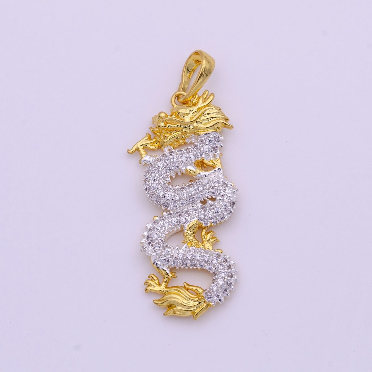 2tone Color Gold Silver Micro Paved CZ Chinese Dragon Mixed Metal Pendant I-619 - DLUXCA
